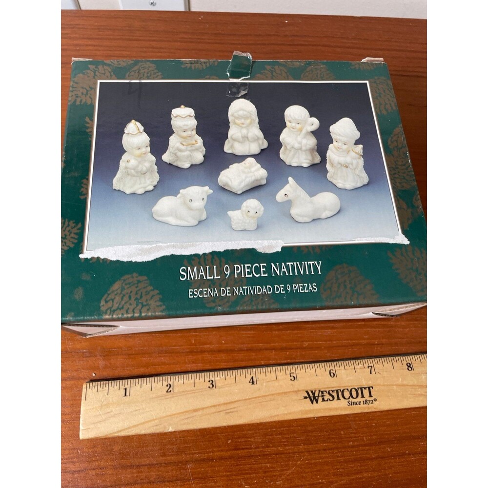 Christmas Nativity Set 9 Piece Porcelain White and gold  in Box, small figures
